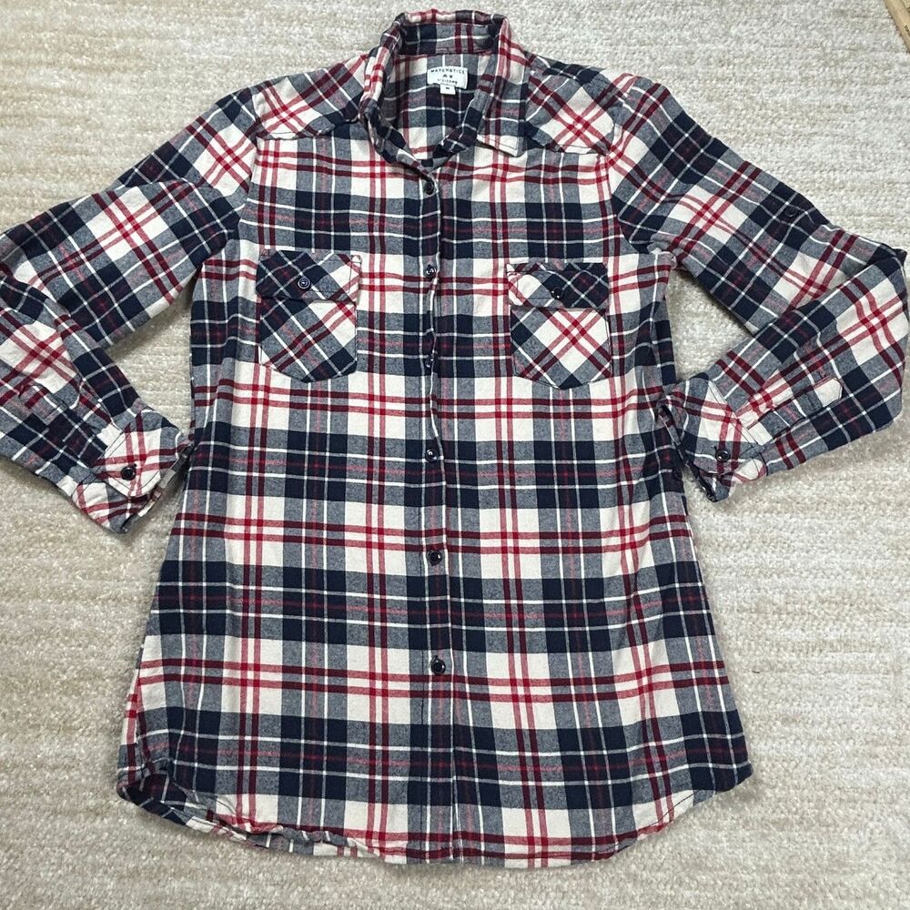 MATCHSTICK Shirt Womens M Red Navy White Plaid Flannel Button Up Long Sleeve